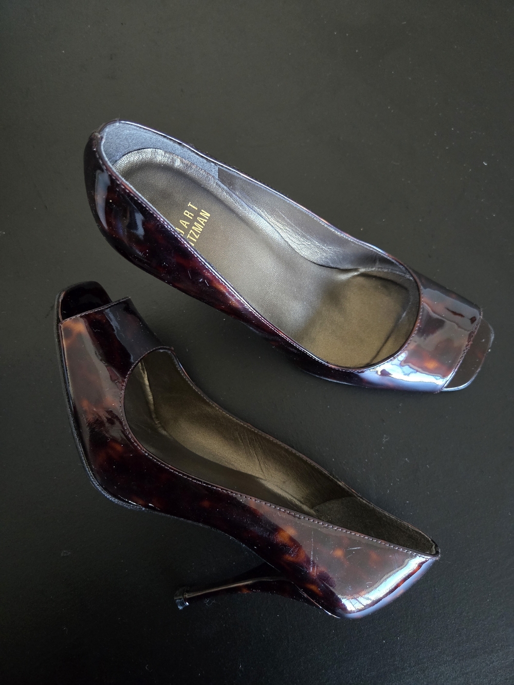 Stuart Weitzman Tortoiseshell Patent Leather Peep Toe Pumps 8M